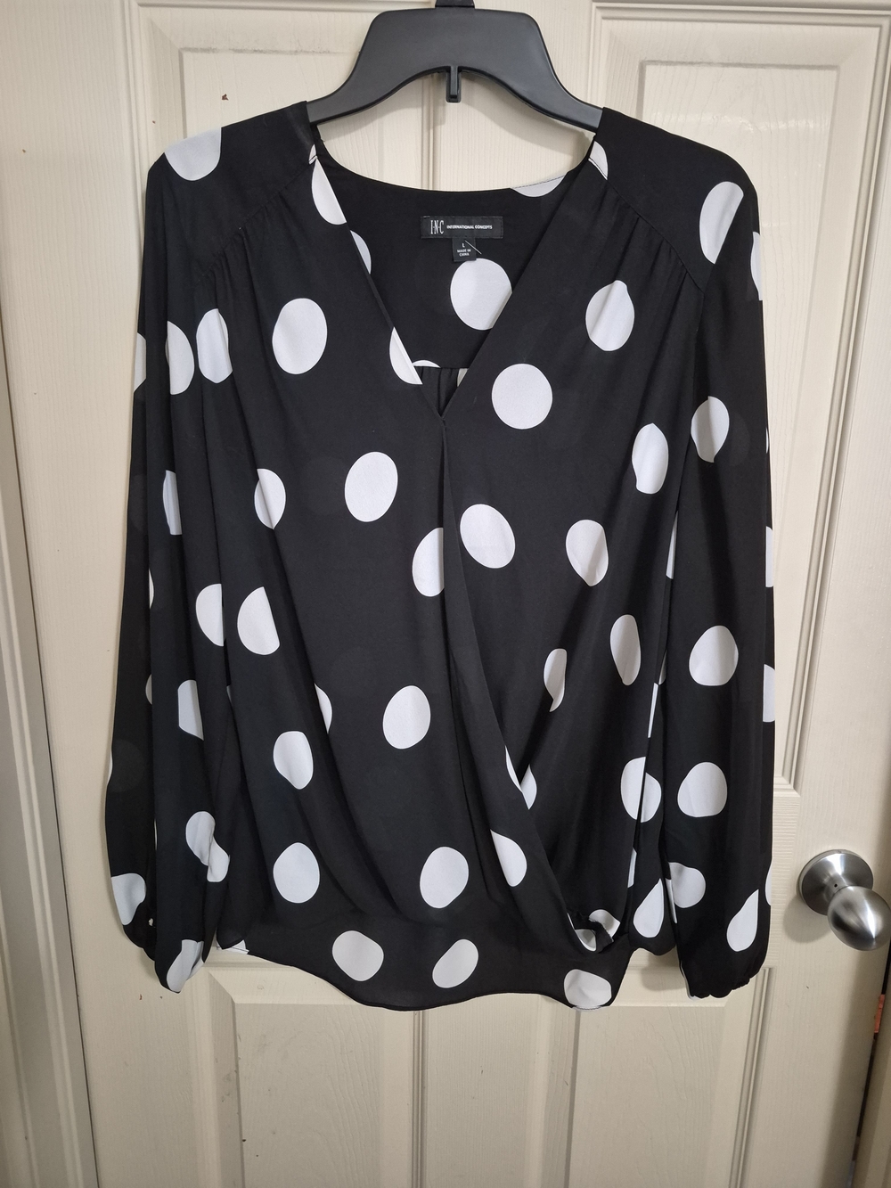 INC International Concepts Black and White Polka Dot Faux-Wrap Blouse